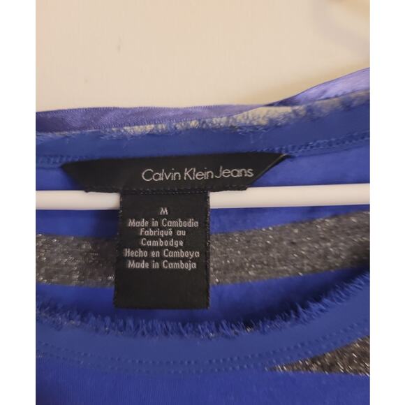 Calvin Klein Blue & Silver Striped Fringe Collar Tee Medium Fairycore Metallic - Picture 6 of 10